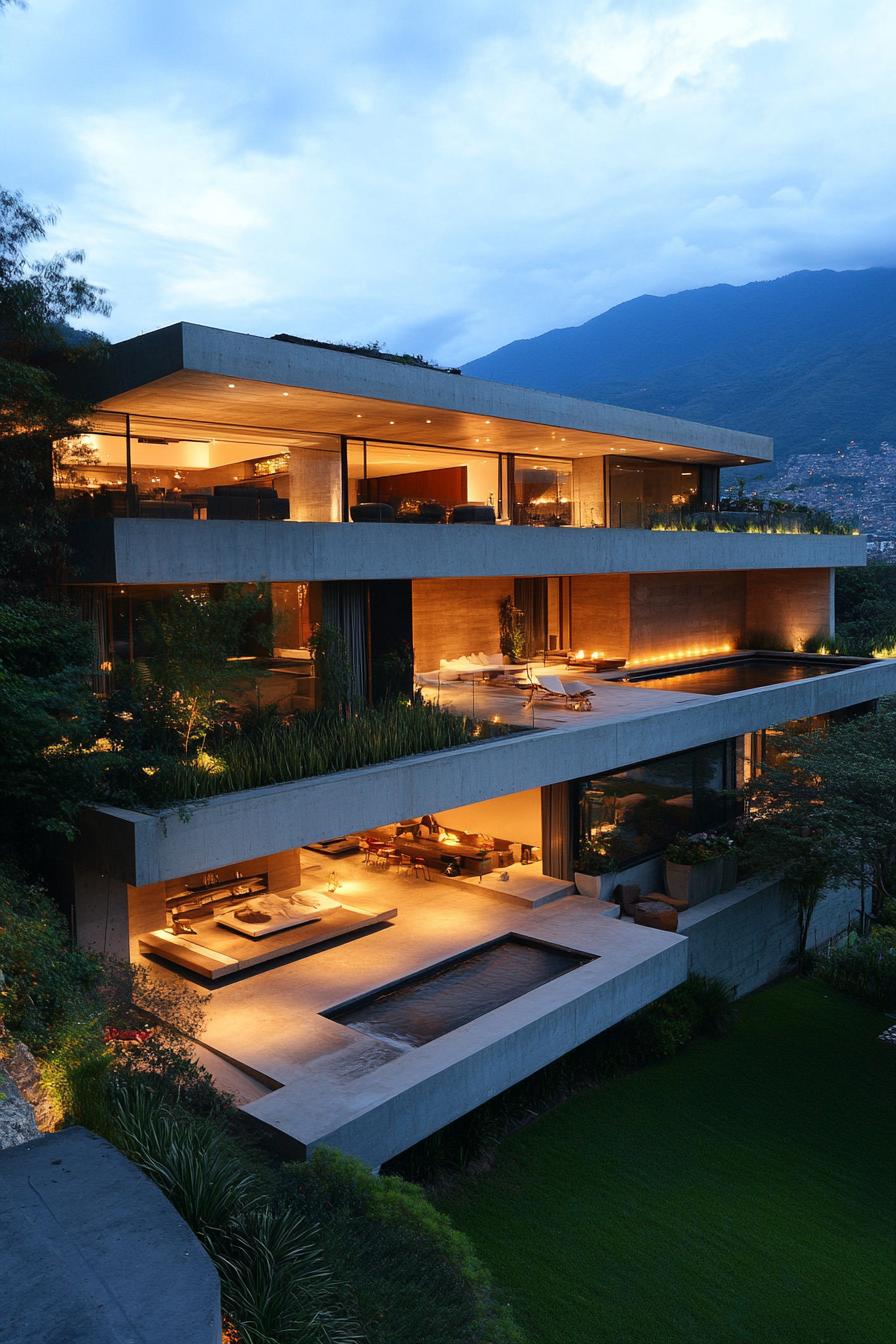 modern luxury hillside mansion with garden terrace overhang roof overlooking stunning mountains 1