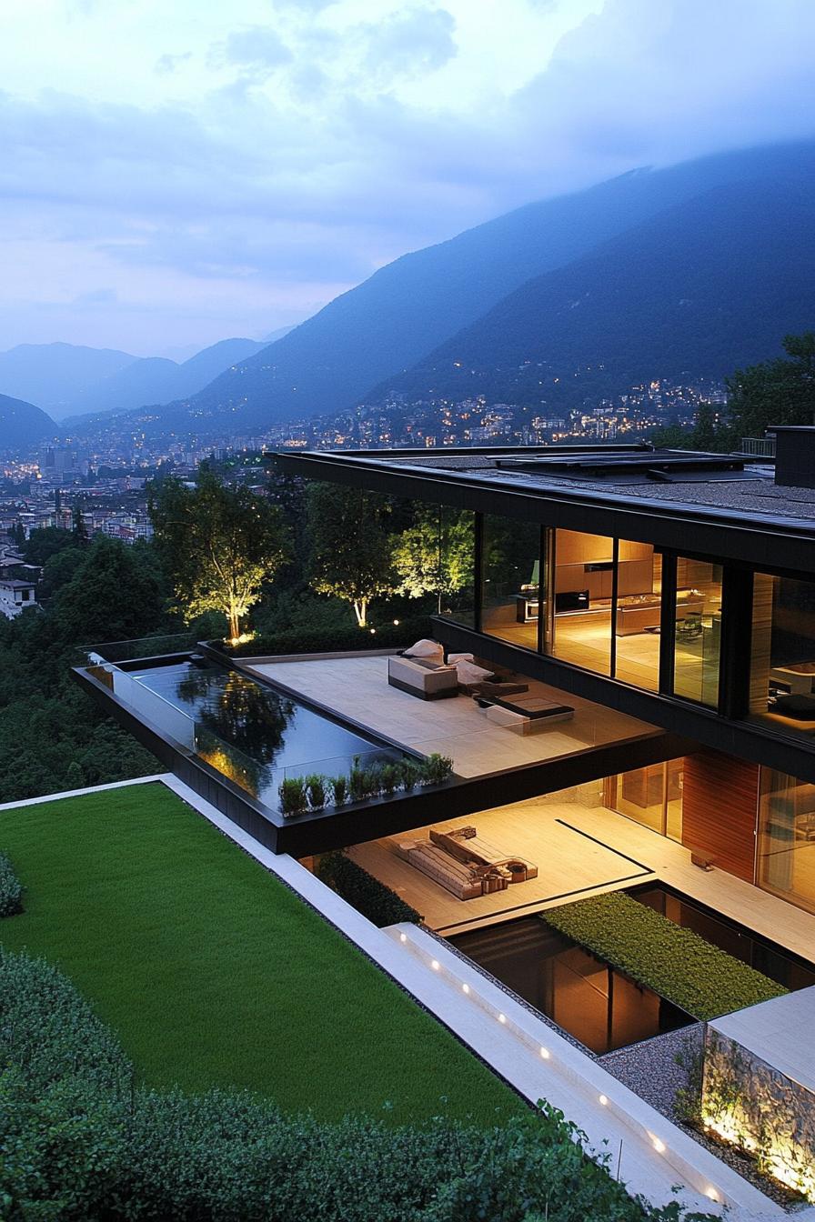 modern luxury hillside mansion with garden terrace overhang roof overlooking stunning mountains 2