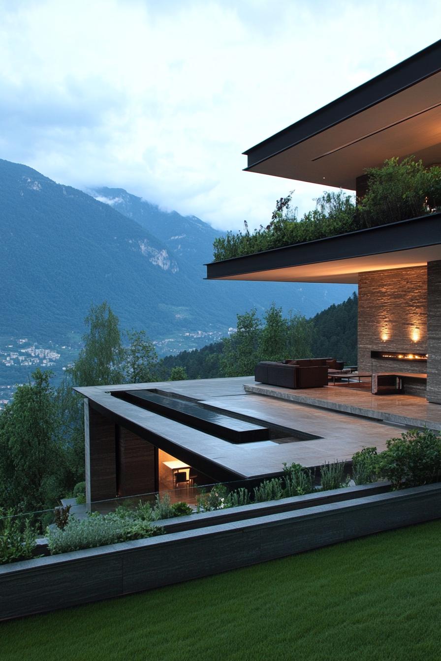 modern luxury hillside mansion with garden terrace overhang roof overlooking stunning mountains 3