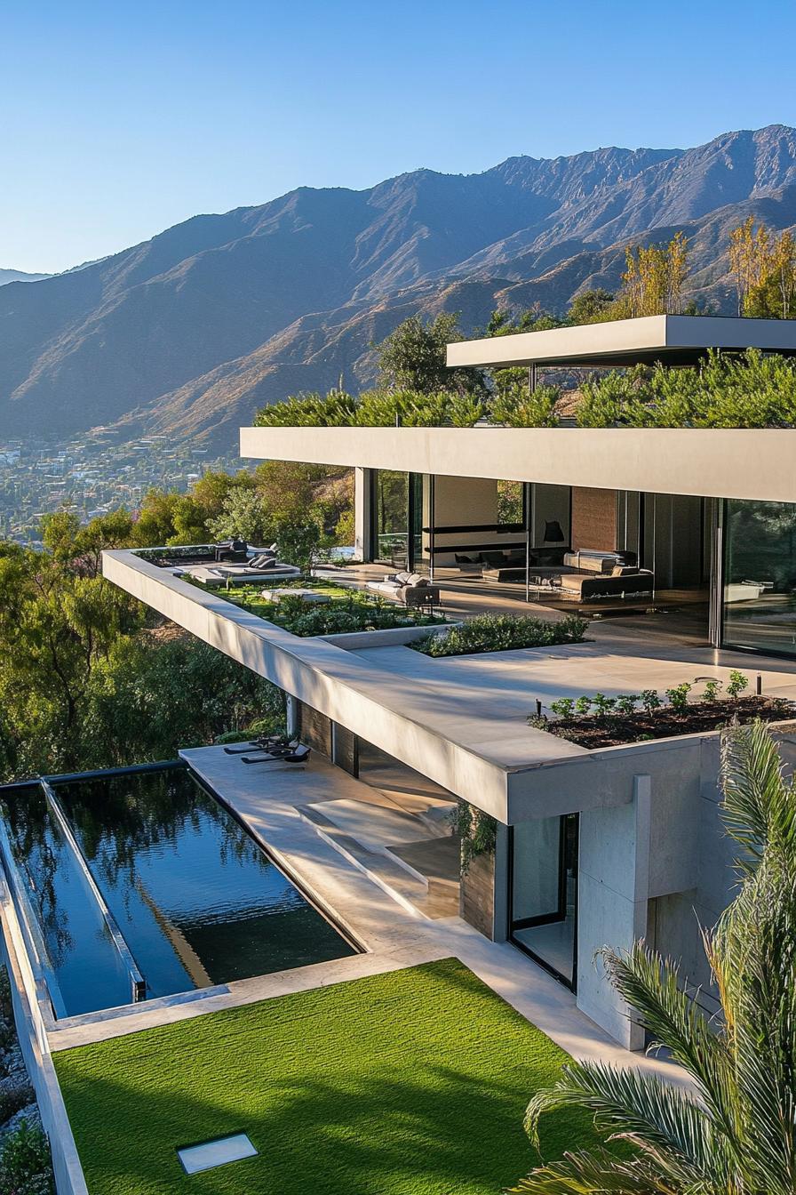 modern luxury hillside mansion with garden terrace overhang roof overlooking stunning mountains