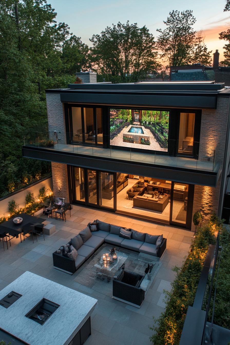 modern mansion with rooftop garden and outdoor seating with large tv 3