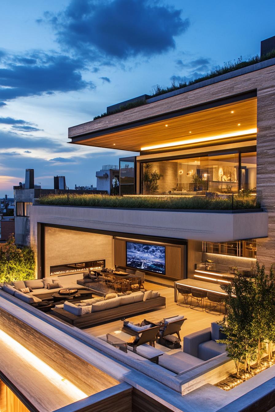 modern mansion with rooftop garden and outdoor seating with large tv