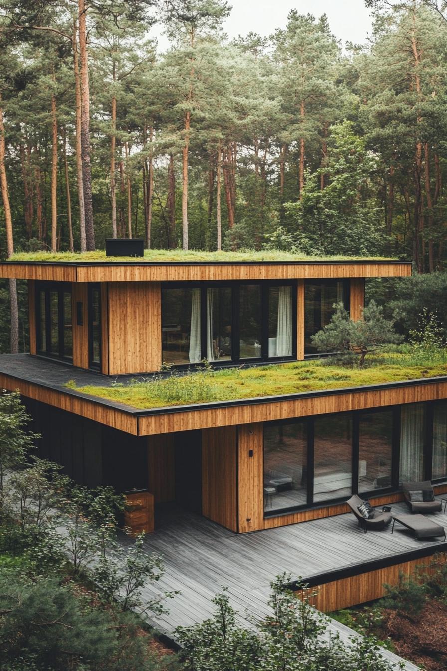 modern minimalist wooden lodge house with green roof in the woods with stunning forest views 1