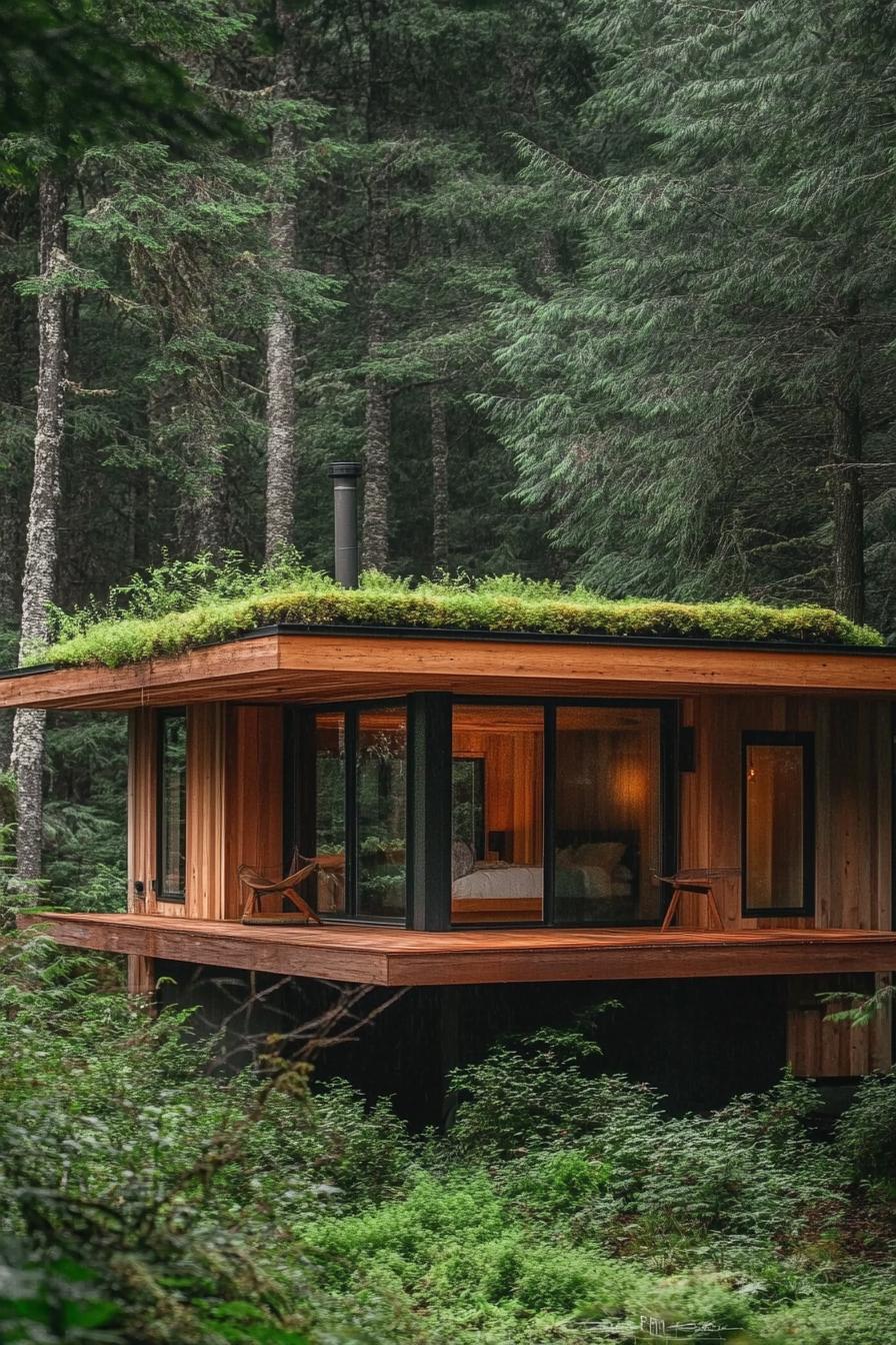 modern minimalist wooden lodge house with green roof in the woods with stunning forest views 2