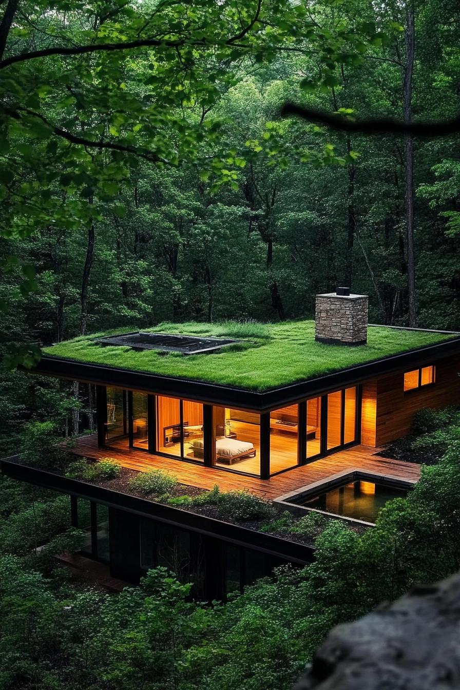 modern minimalist wooden lodge house with green roof in the woods with stunning forest views 3