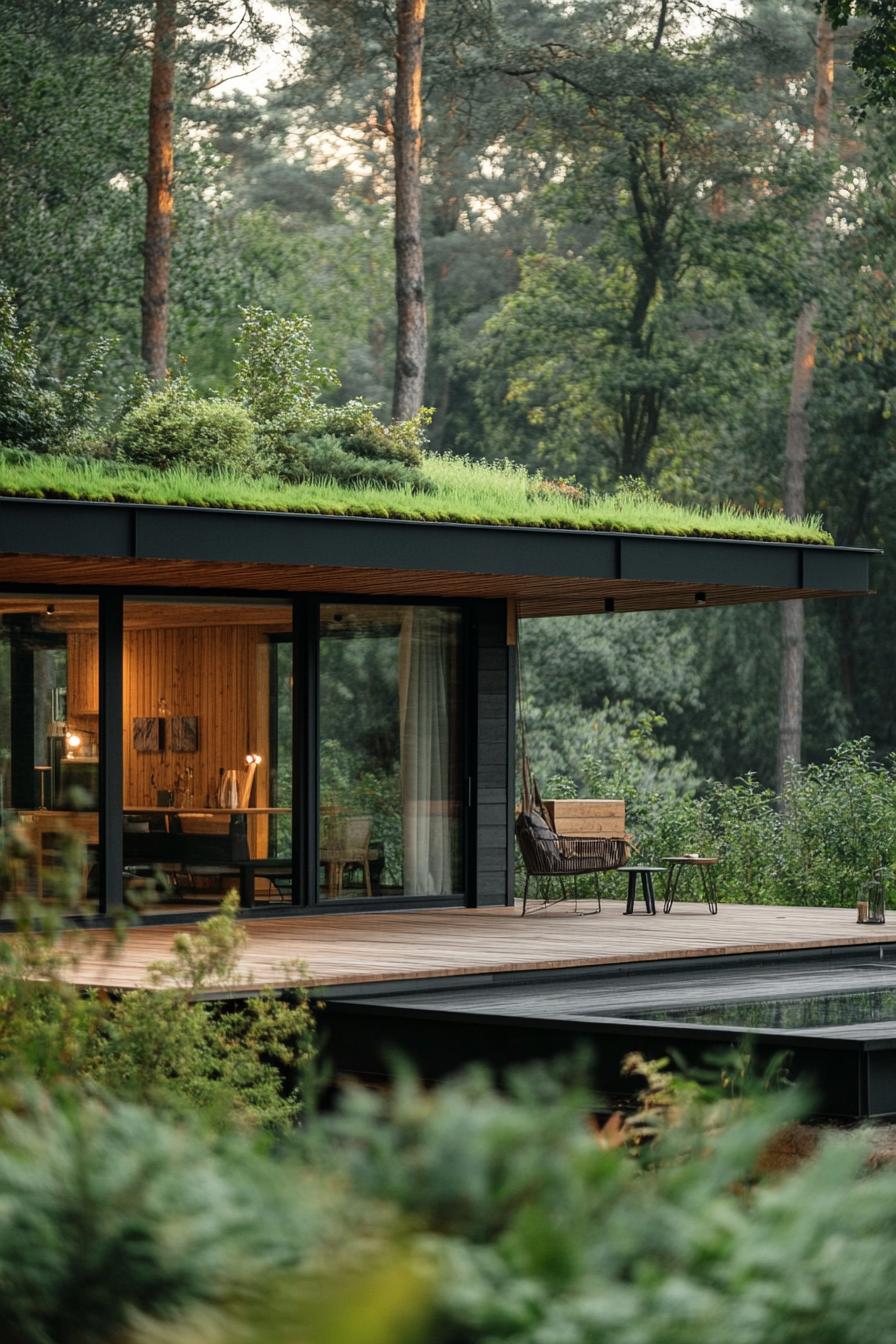 modern minimalist wooden lodge house with green roof in the woods with stunning forest views