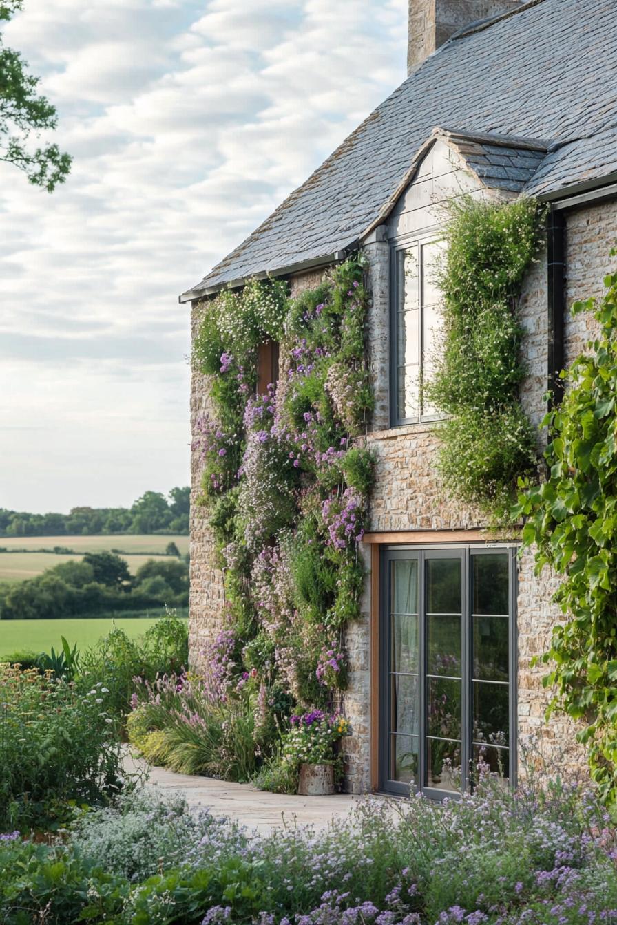 modern rural house facade with vertical garden beautiful English farmland in the background 1