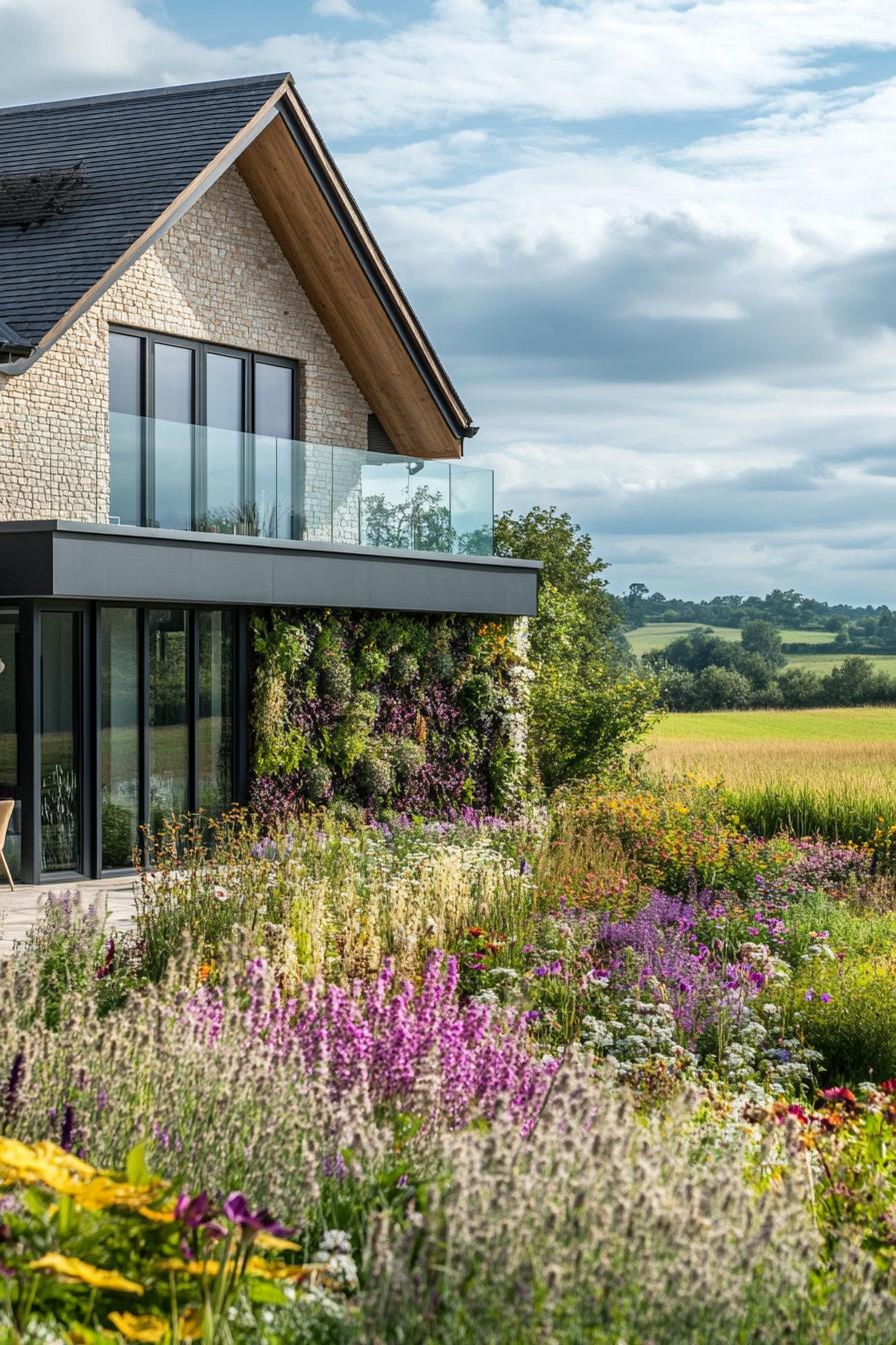 modern rural house facade with vertical garden beautiful English farmland in the background 2