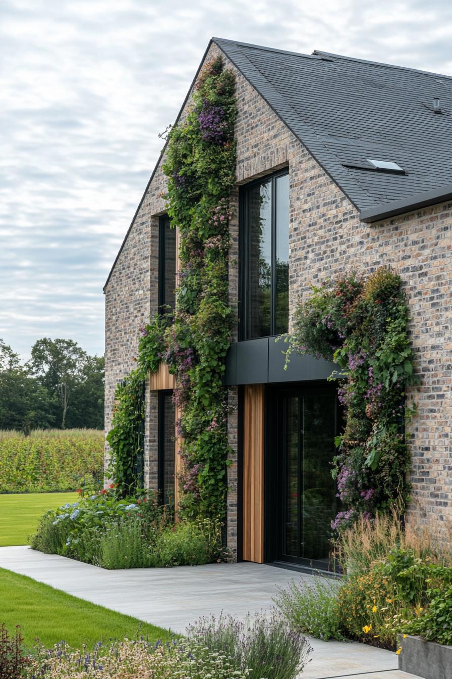 modern rural house facade with vertical garden beautiful English farmland in the background 3