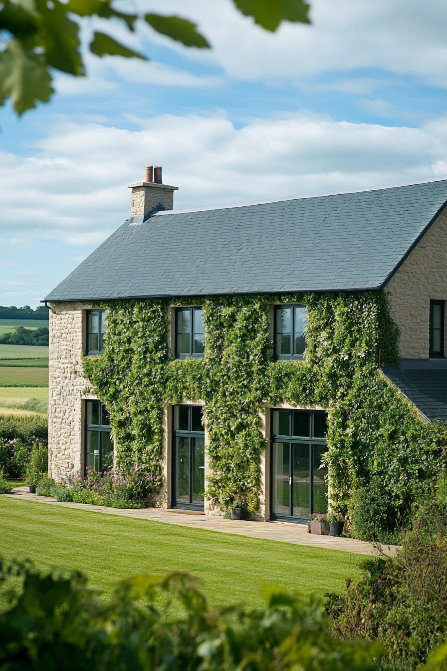 modern rural house facade with vertical garden beautiful English farmland in the background