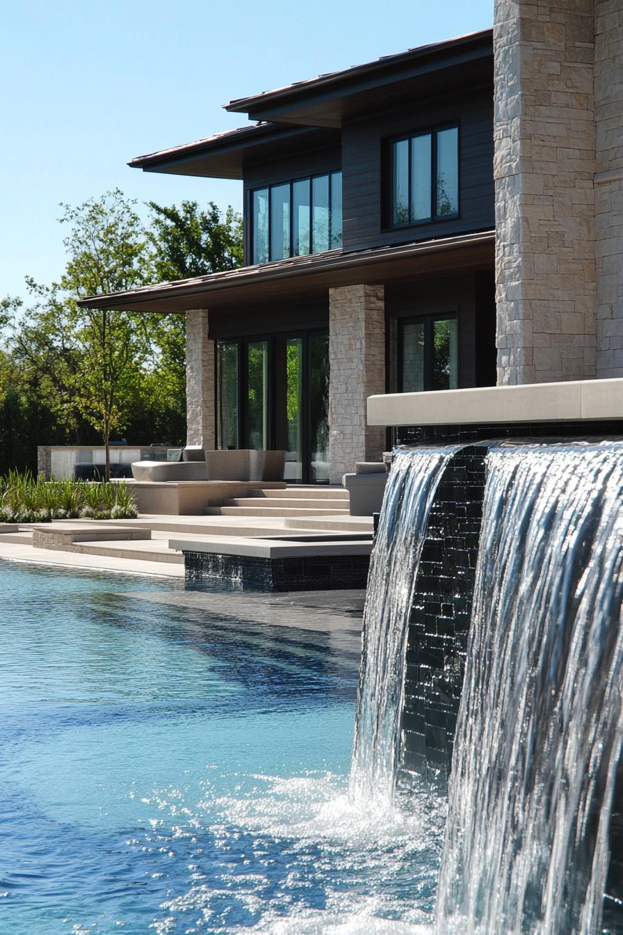 modern suburban mansion infinity pool with waterfall feature 1