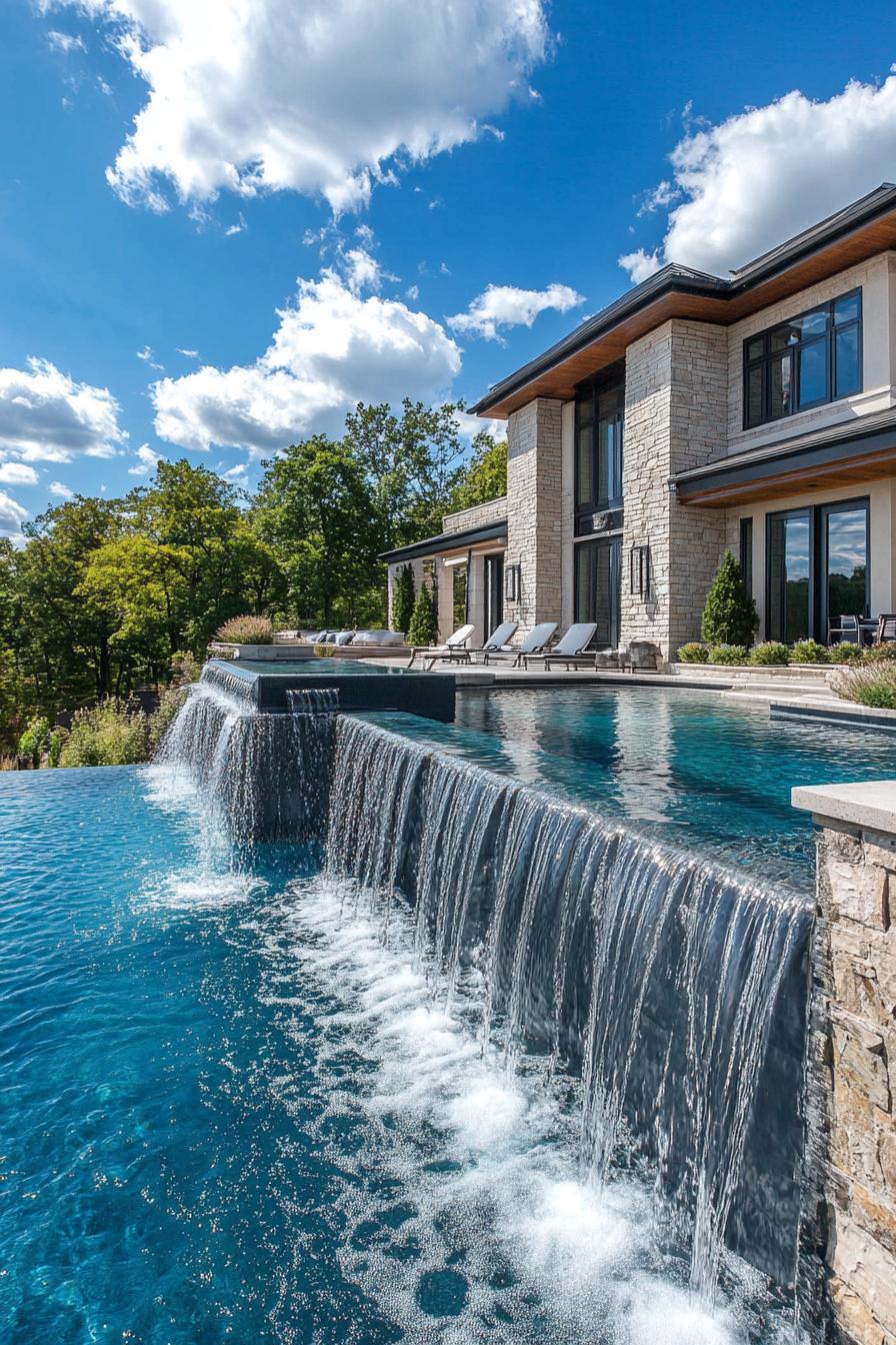 modern suburban mansion infinity pool with waterfall feature 2