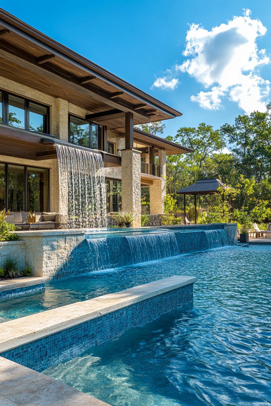 modern suburban mansion infinity pool with waterfall feature 3