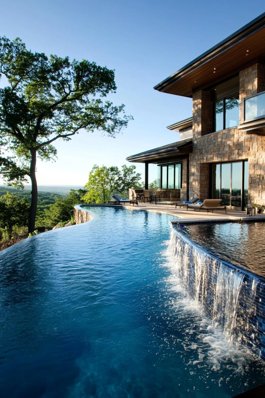 modern suburban mansion infinity pool with waterfall feature