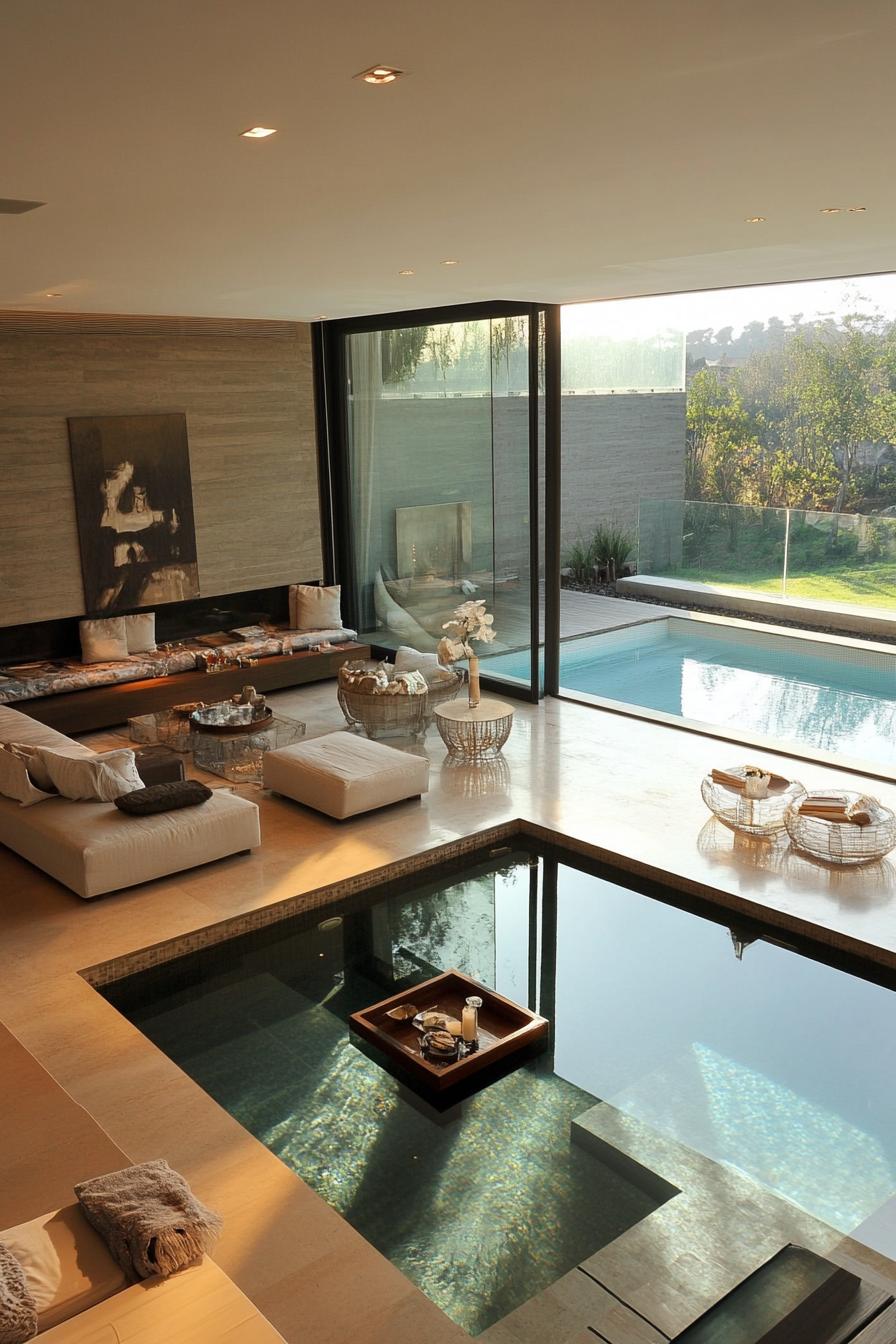 modern sunken living room interior with full glass wall overlooking a connected pool 1