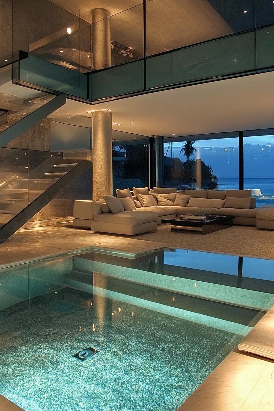 modern sunken living room interior with full glass wall overlooking a connected pool 2