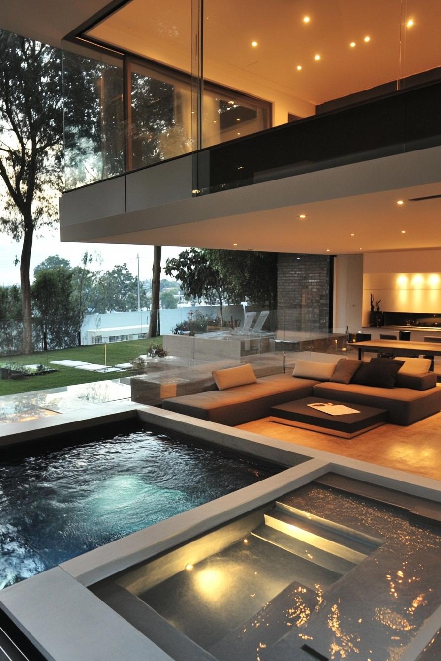 modern sunken living room interior with full glass wall overlooking a connected pool 3