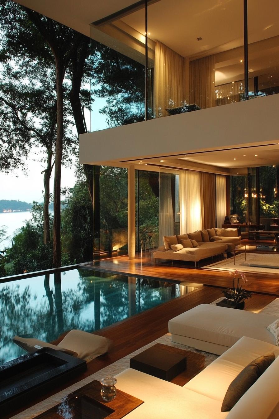 modern sunken living room interior with full glass wall overlooking a connected pool