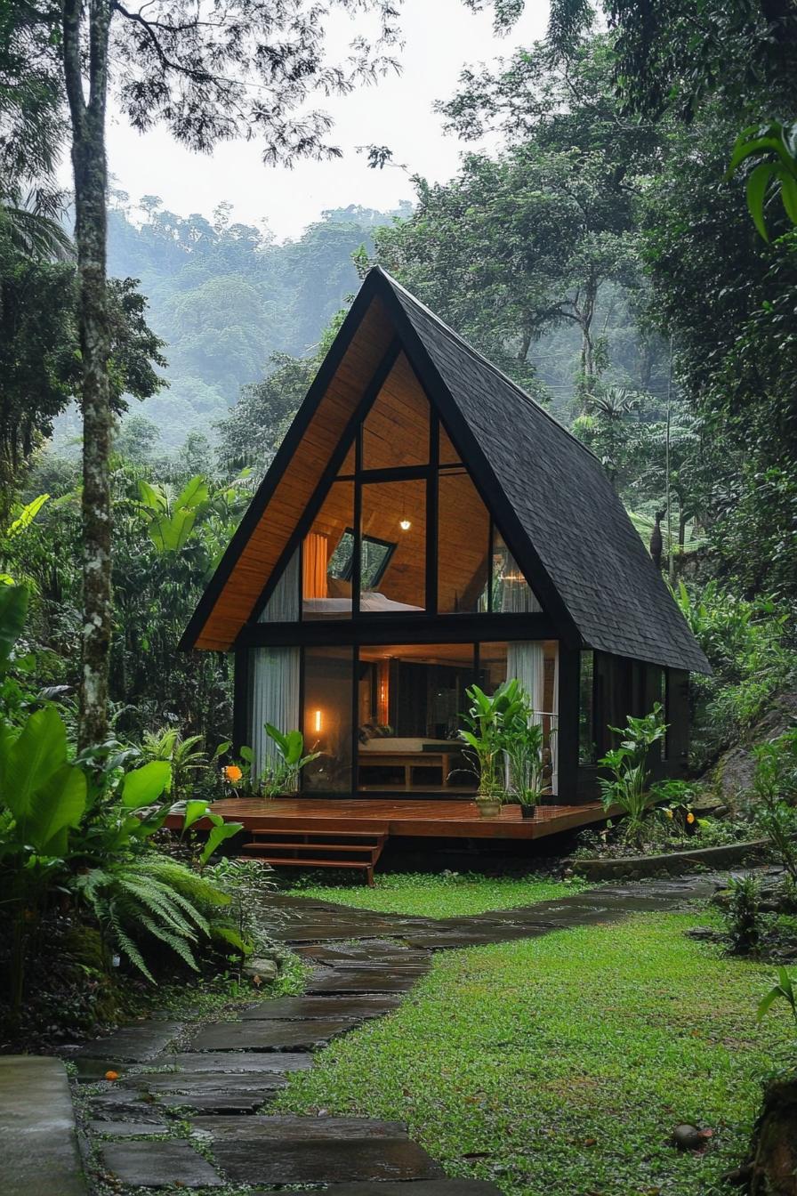 modern tiny log cabin with A frame facade in tropical mountain forest 1