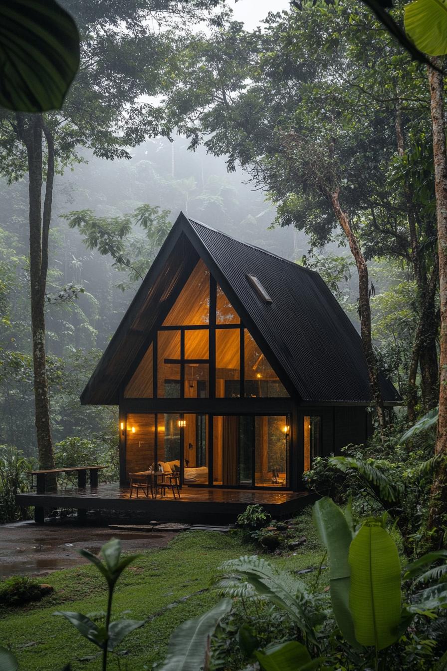 modern tiny log cabin with A frame facade in tropical mountain forest 2