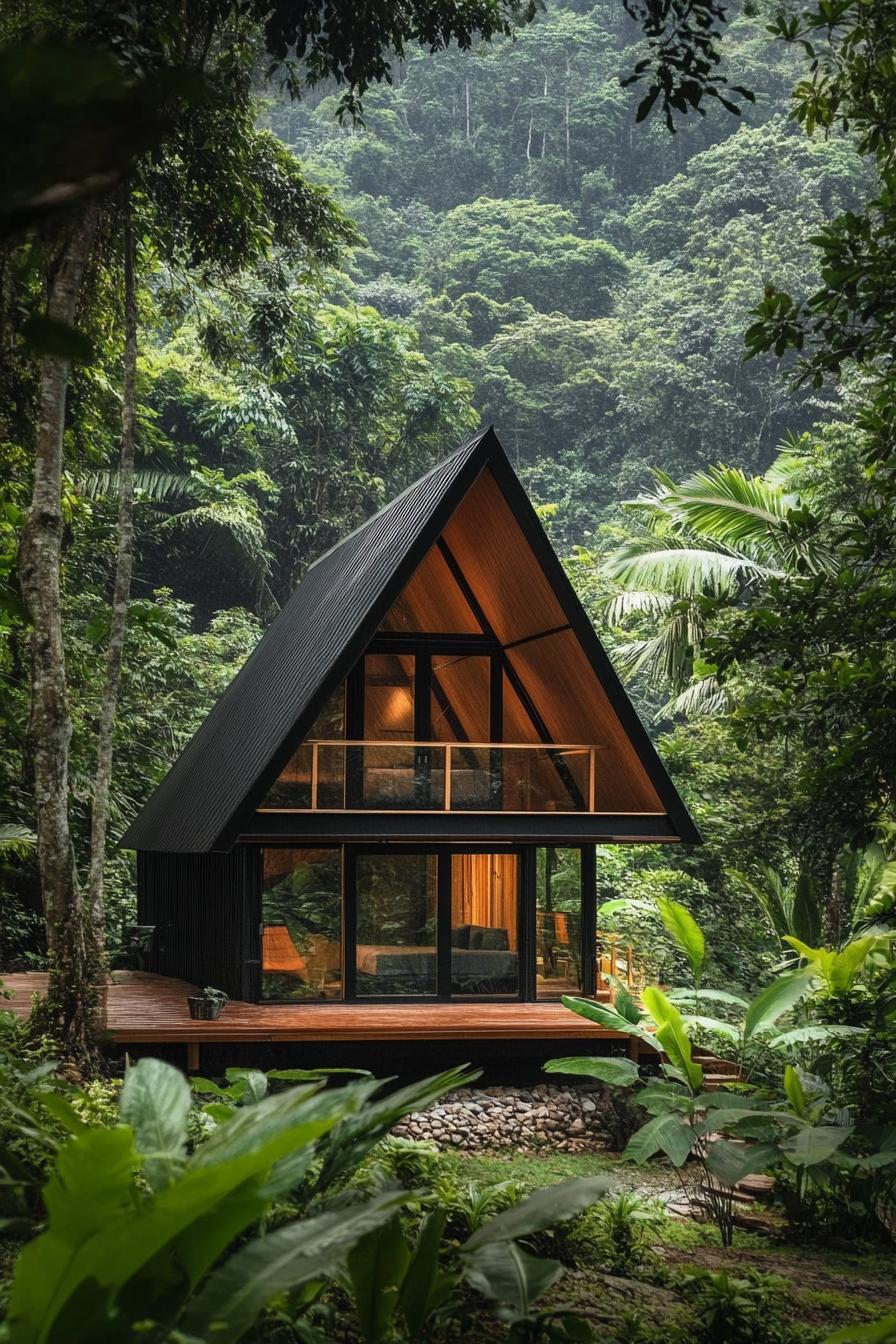 modern tiny log cabin with A frame facade in tropical mountain forest 3