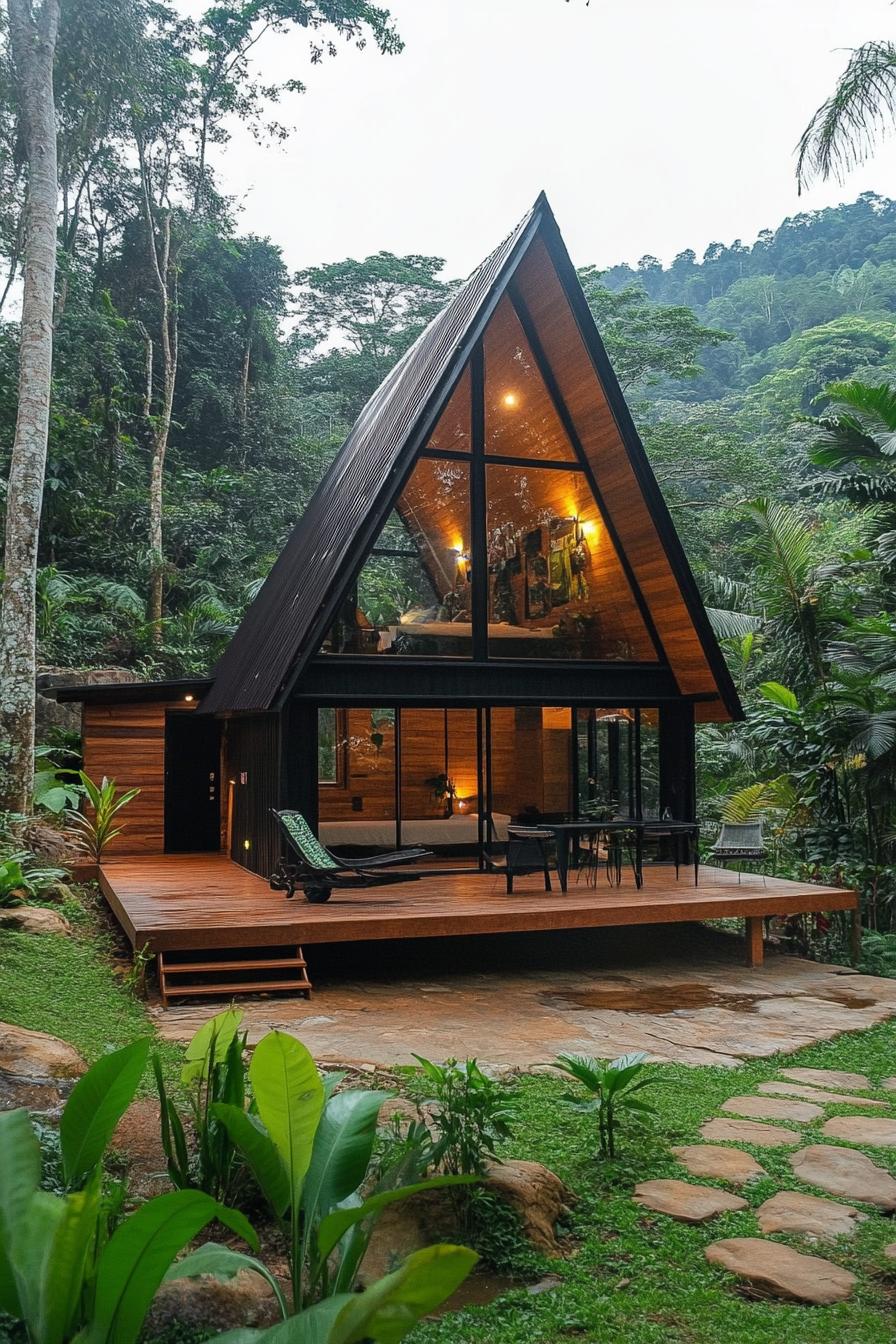 modern tiny log cabin with A frame facade in tropical mountain forest