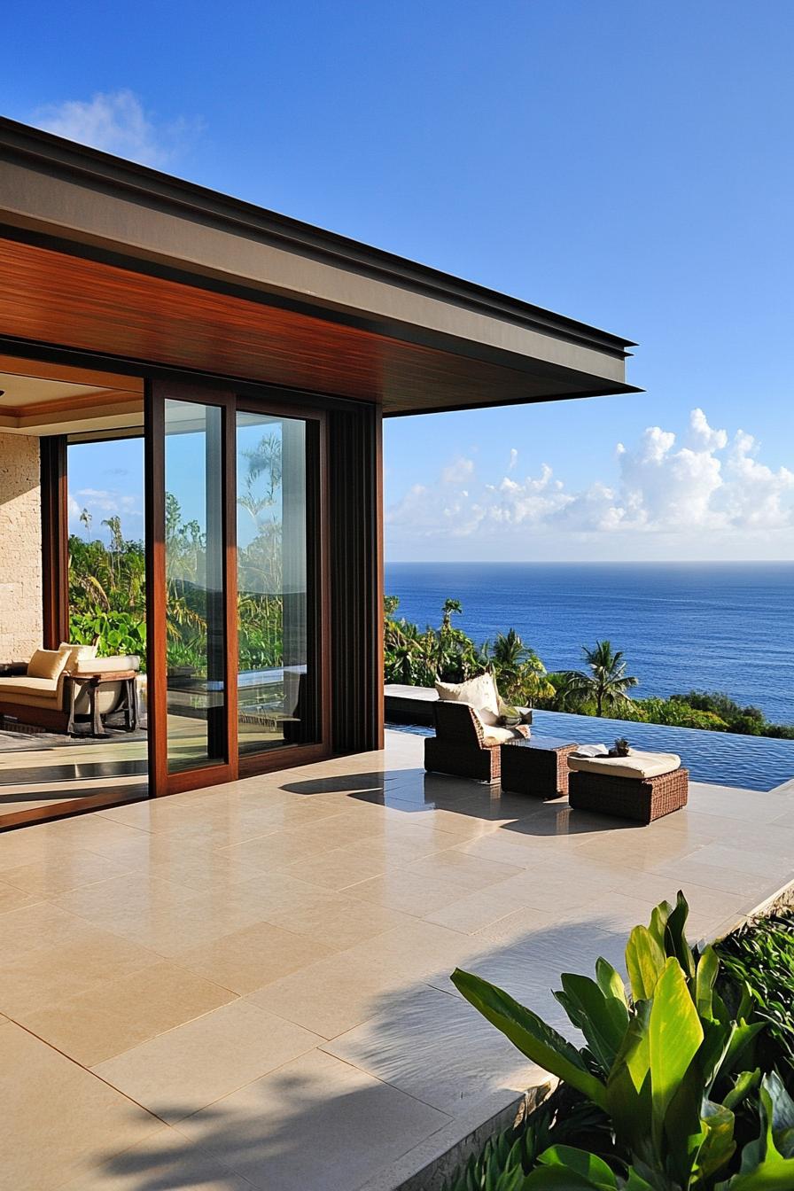 modern villa terrace with sliding doors tropical oceanside views