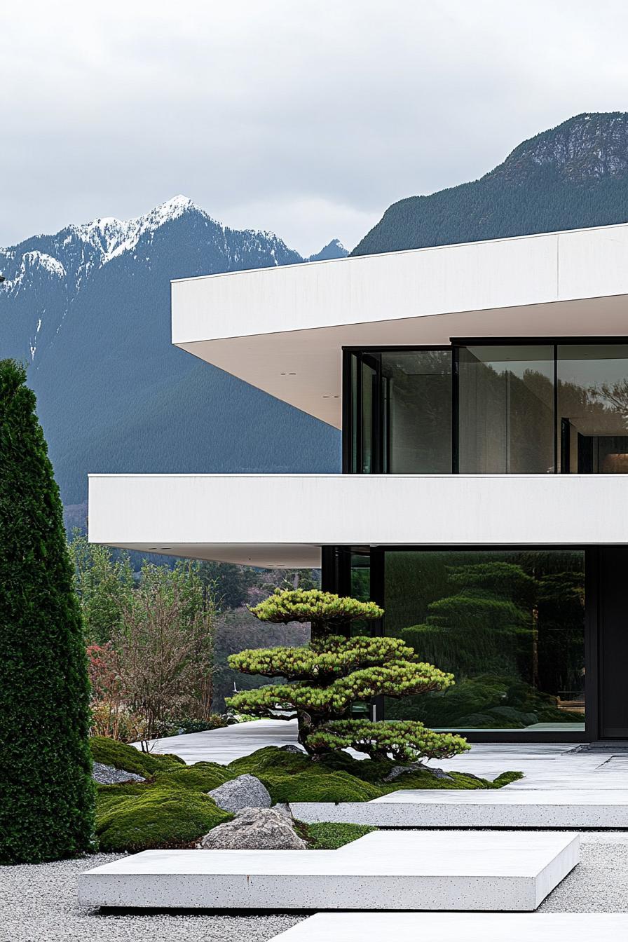 modern white concrete house facade with bamboo accents front yard with bonsai tree garden mountains in the background 1