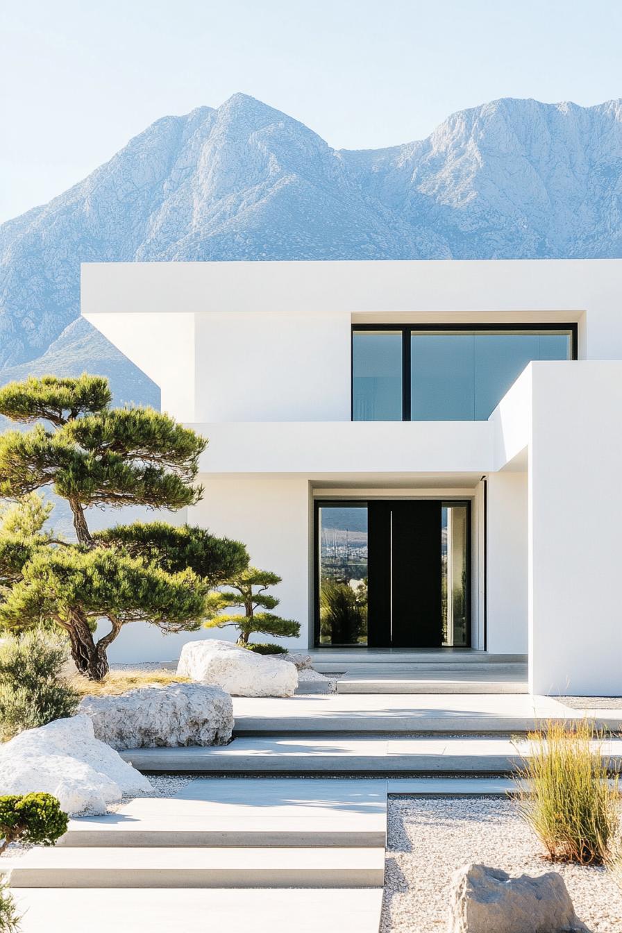 modern white concrete house facade with bamboo accents front yard with bonsai tree garden mountains in the background 2