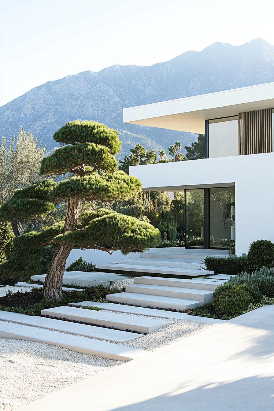 modern white concrete house facade with bamboo accents front yard with bonsai tree garden mountains in the background 3