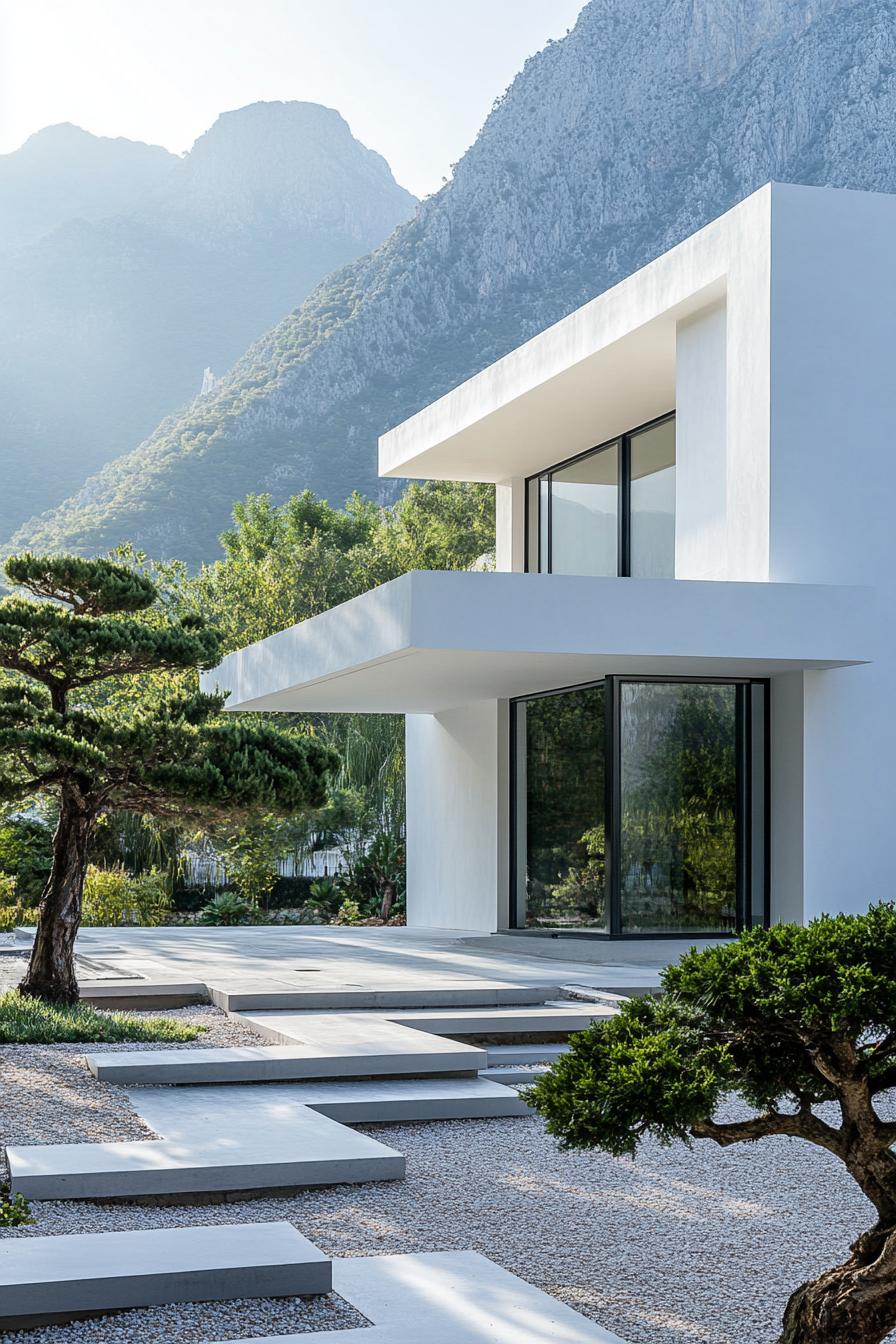 modern white concrete house facade with bamboo accents front yard with bonsai tree garden mountains in the background