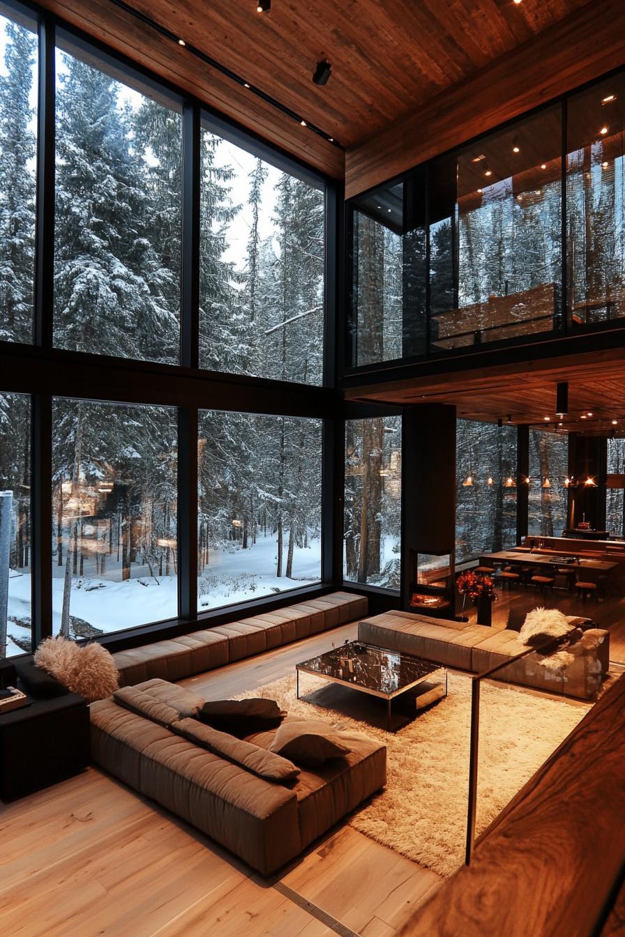 modern winter mountain lodge with atrium forest