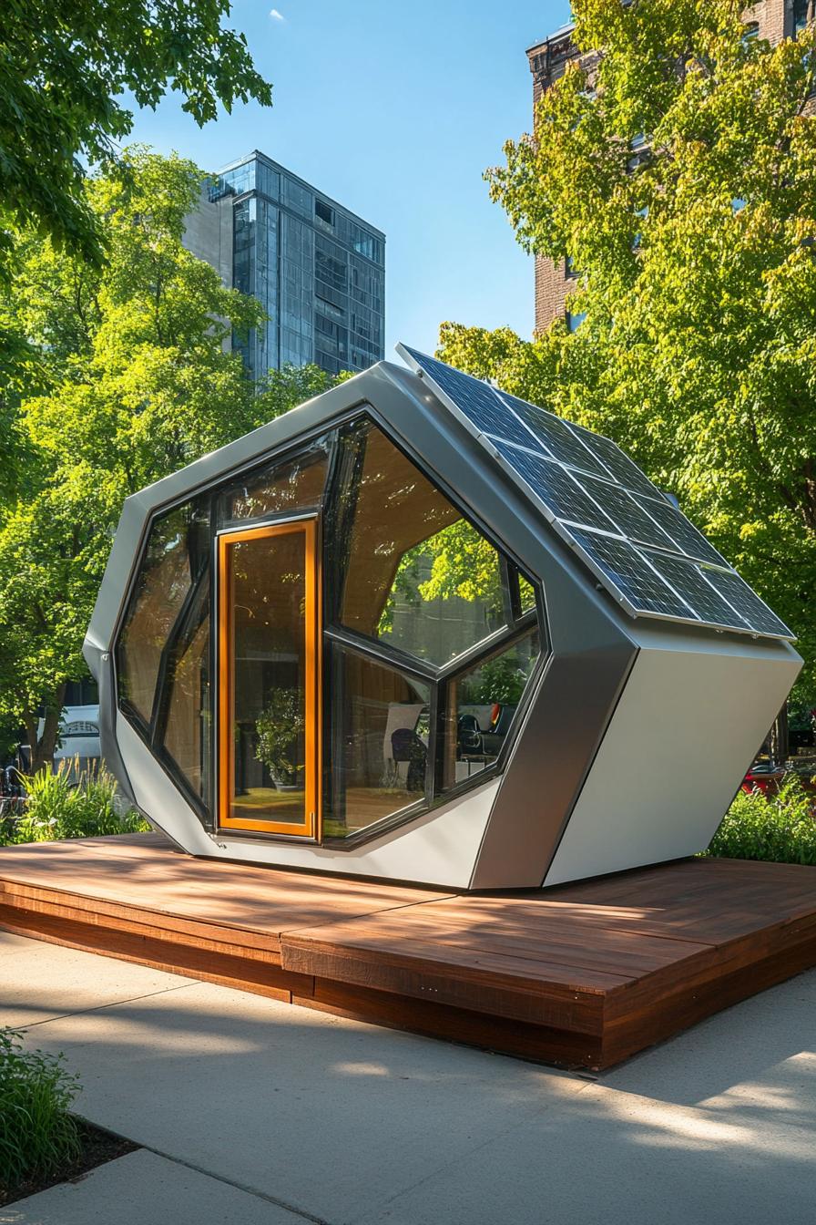 prefab geometric pod house with solar panel roof in an urban neighborhood 2