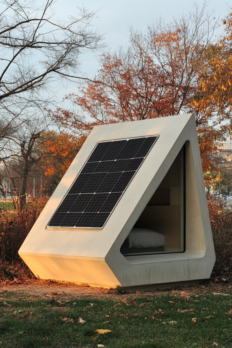 prefab geometric pod house with solar panel roof in an urban neighborhood 3