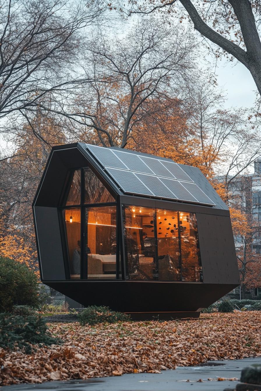 prefab geometric pod house with solar panel roof in an urban neighborhood