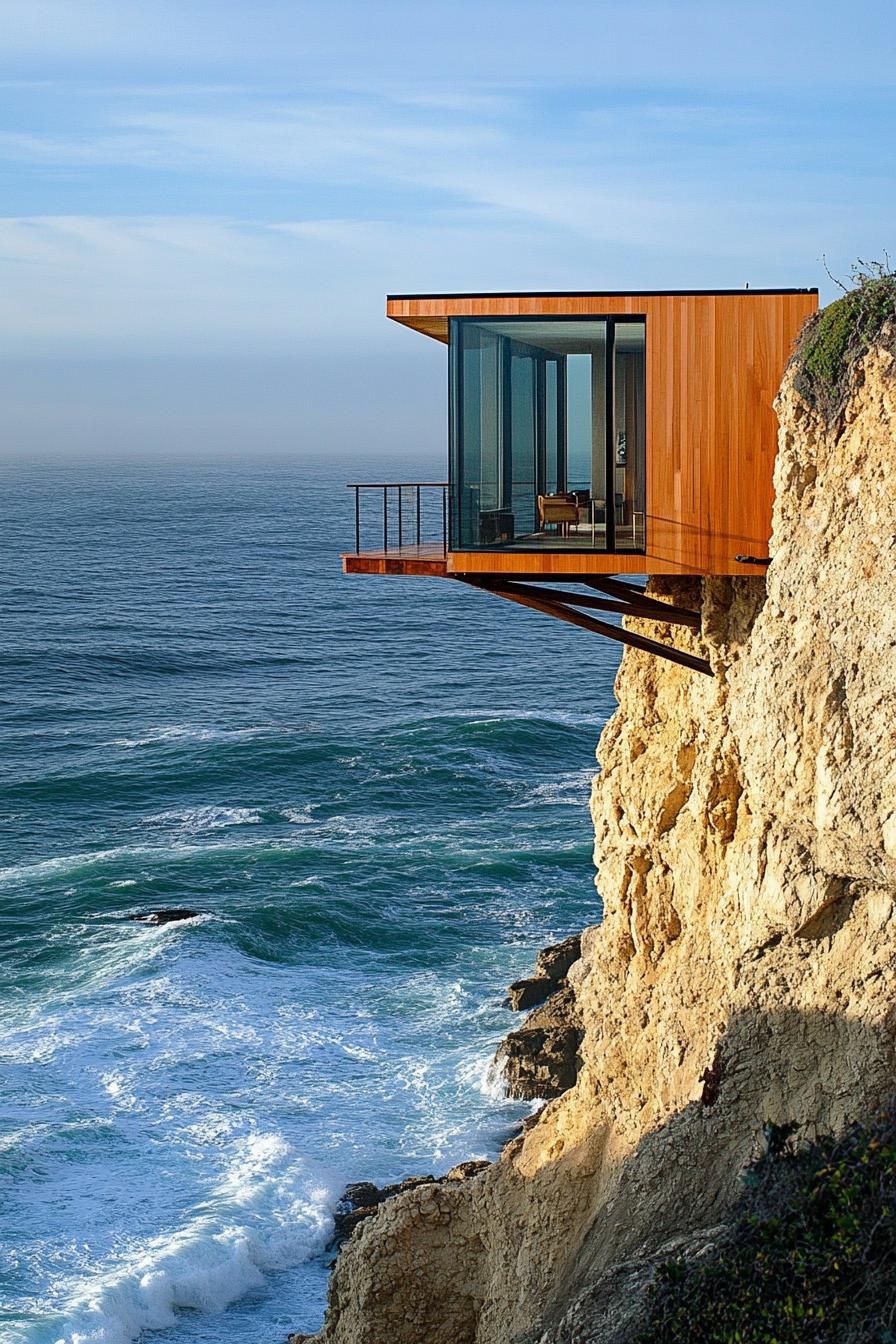 tiny prefab mid century modern house cantilevered facade on ocean cliff 1