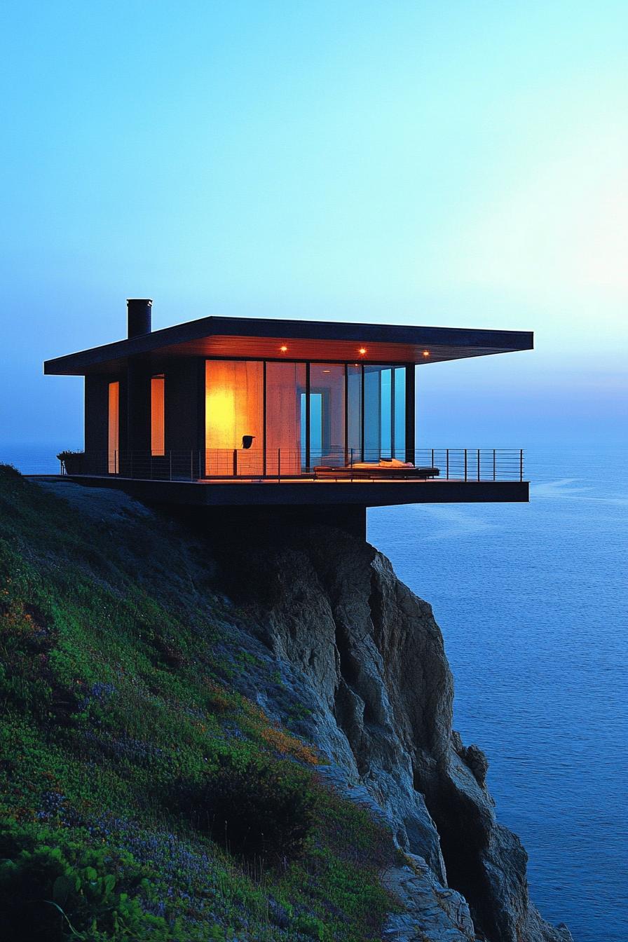 tiny prefab mid century modern house cantilevered facade on ocean cliff 2