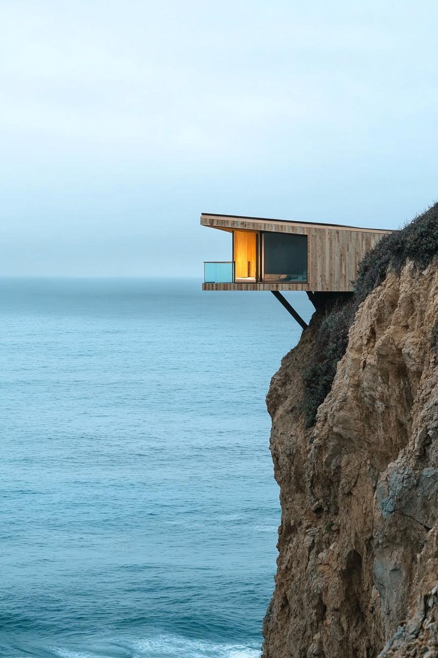 tiny prefab mid century modern house cantilevered facade on ocean cliff 3