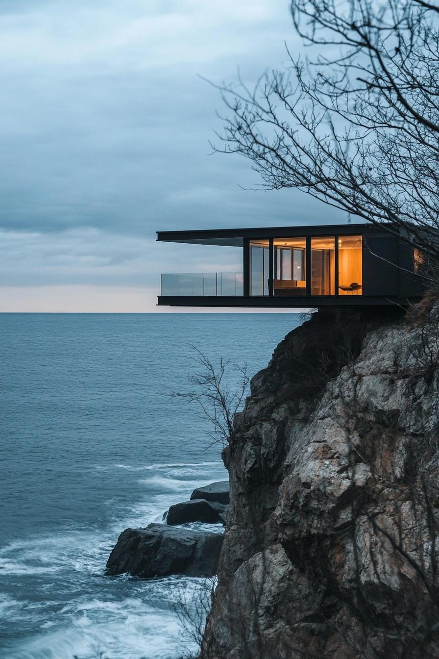 tiny prefab mid century modern house cantilevered facade on ocean cliff