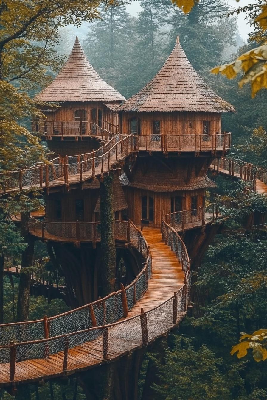 unique giant wooden mansion complex in the woods with treetop facilities connected with rope bridges 1