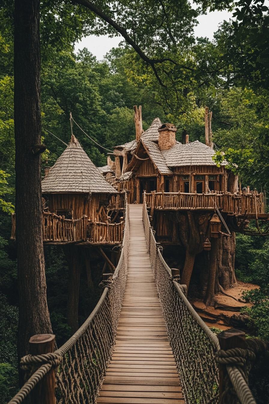 unique giant wooden mansion complex in the woods with treetop facilities connected with rope bridges 2