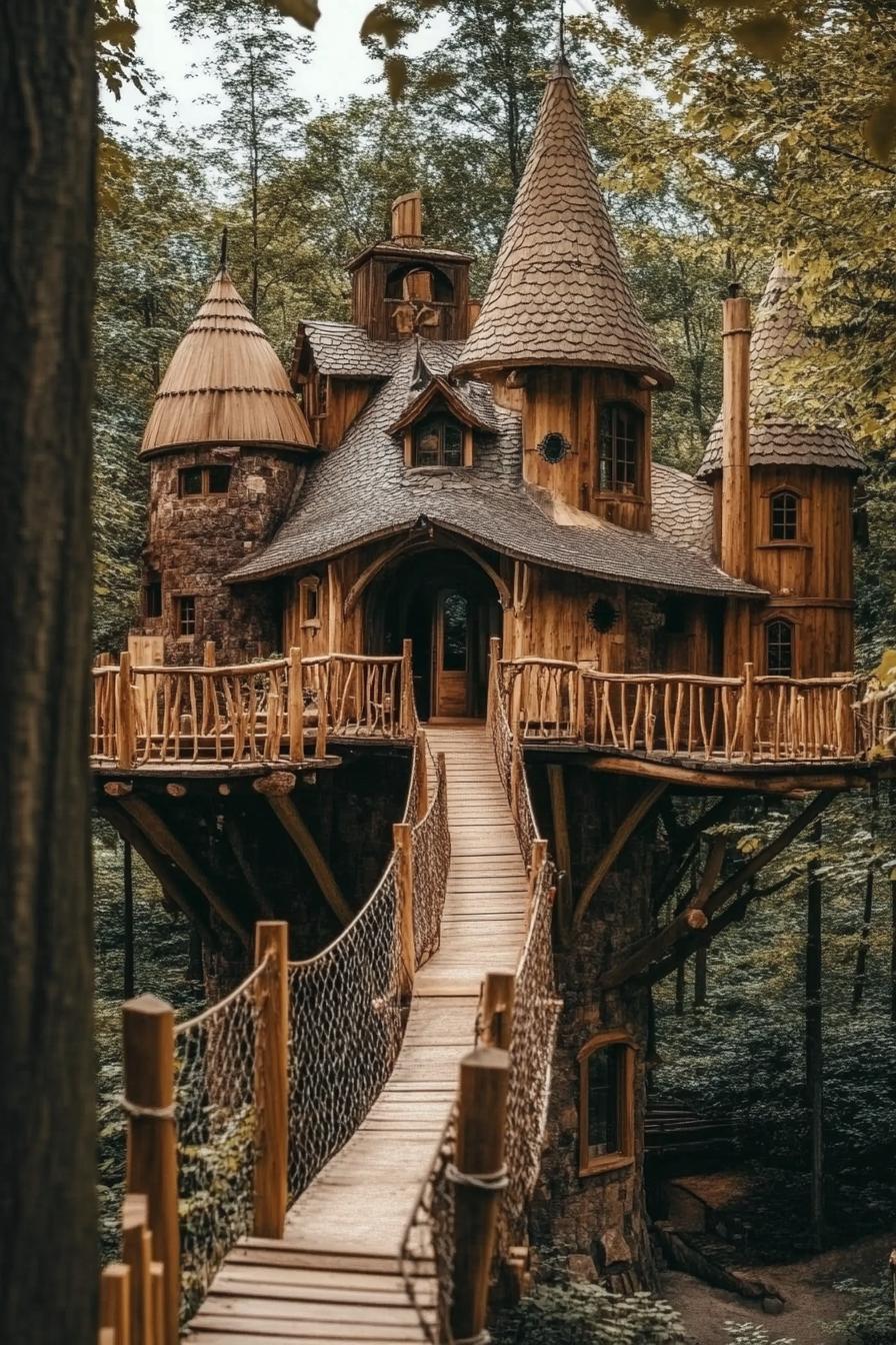 unique giant wooden mansion complex in the woods with treetop facilities connected with rope bridges 3