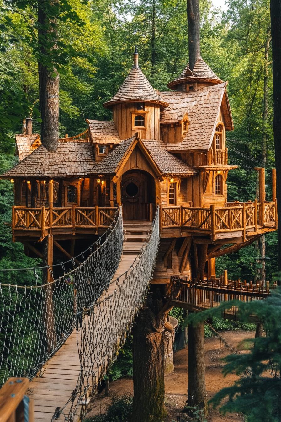 unique giant wooden mansion complex in the woods with treetop facilities connected with rope bridges