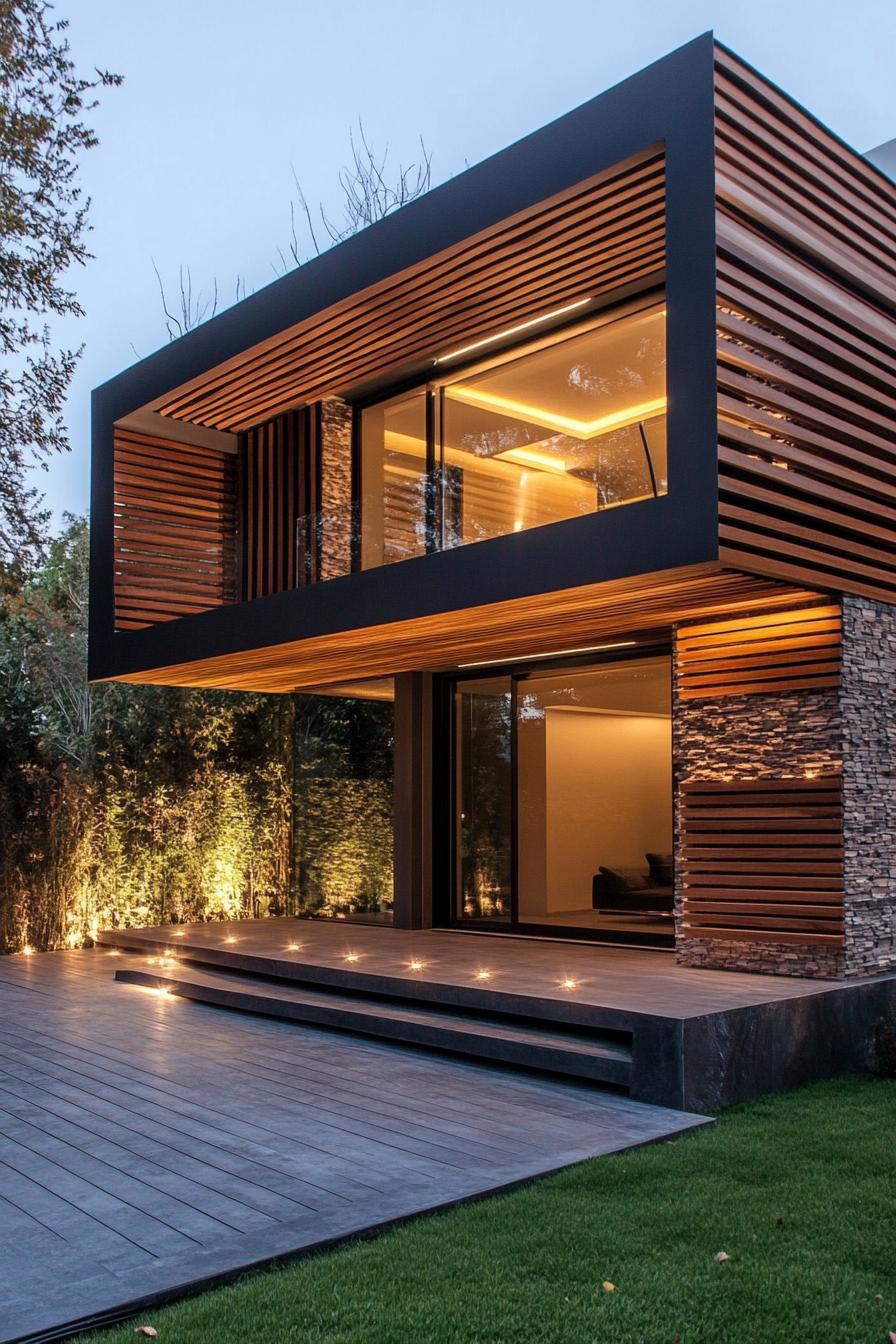 wooden slats with led lighting modern house facade 1