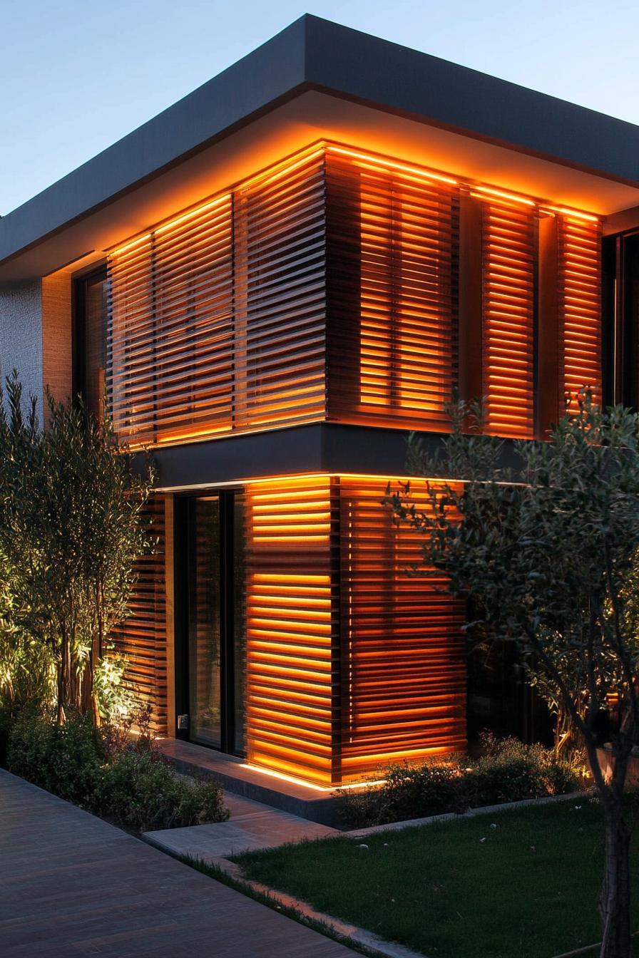 wooden slats with led lighting modern house facade 3