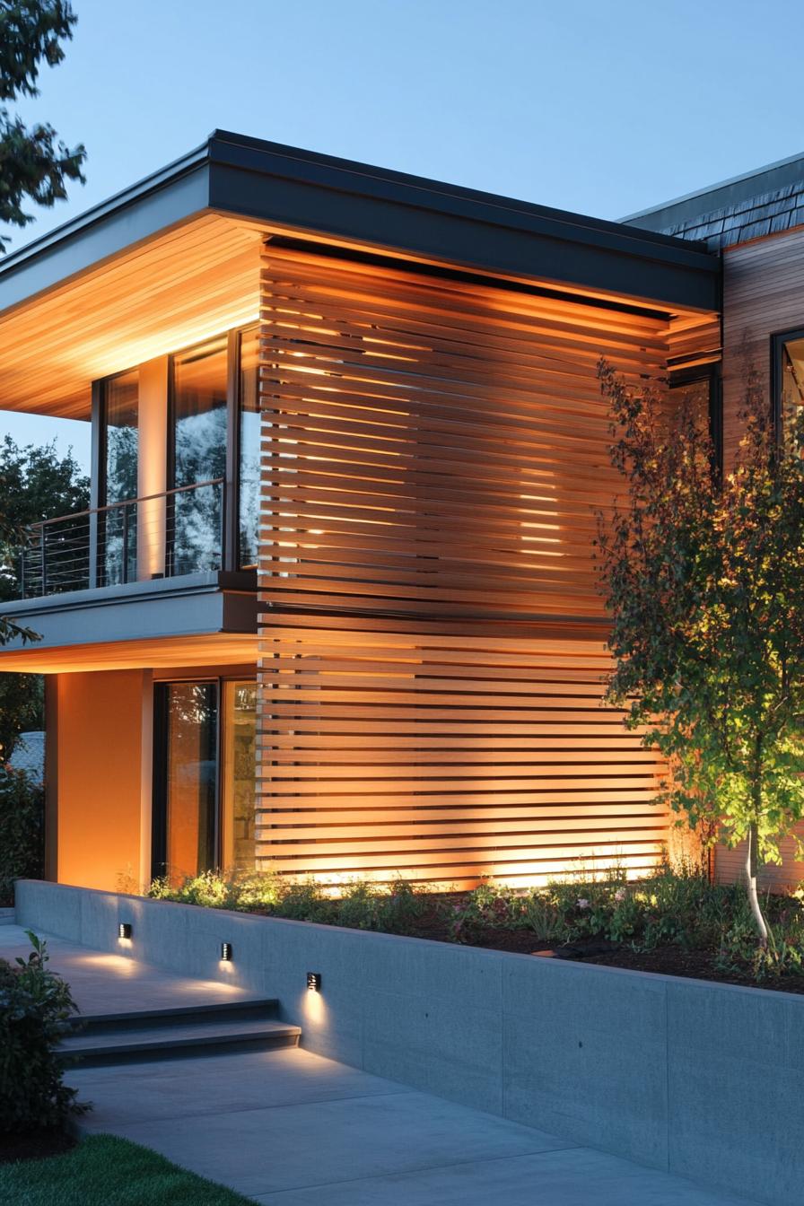 wooden slats with led lighting modern house facade