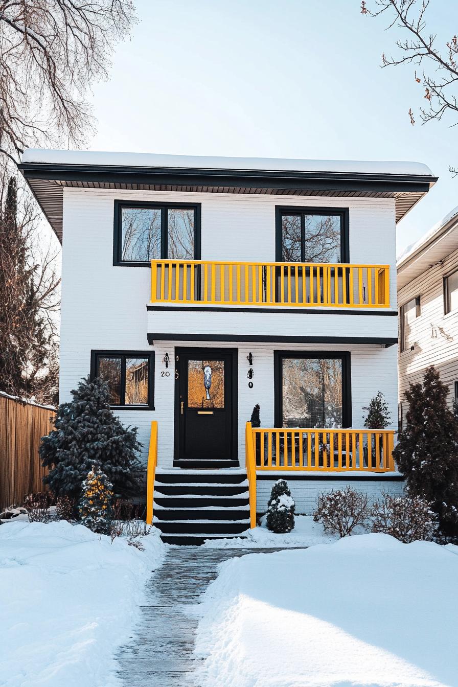 80s house exterior makeover facade white with black trim yellow balkony railings front yard with trees in suburbs winter 1