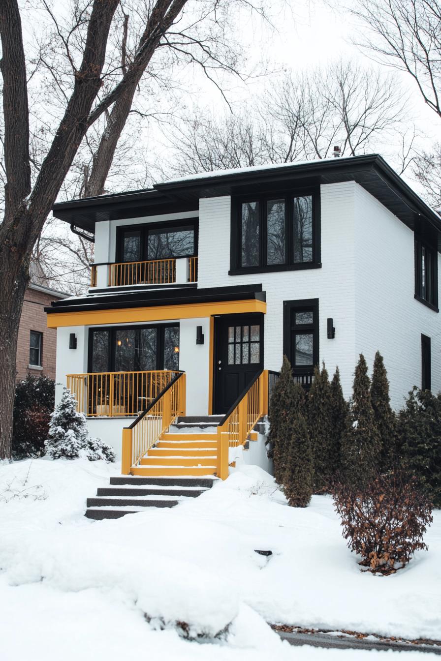 80s house exterior makeover facade white with black trim yellow balkony railings front yard with trees in suburbs winter 2