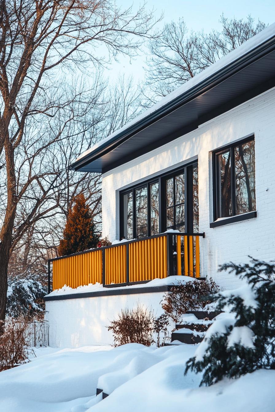 80s house exterior makeover facade white with black trim yellow balkony railings front yard with trees in suburbs winter 3