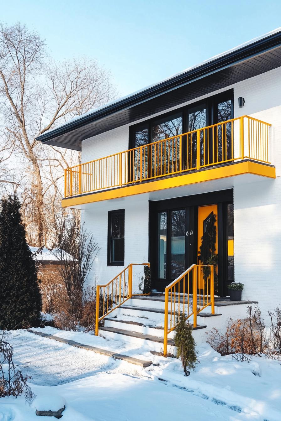 80s house exterior makeover facade white with black trim yellow balkony railings front yard with trees in suburbs winter